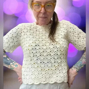 Vintage 60s shimmery cream chunky knit short sleeve pull over sweater M/L